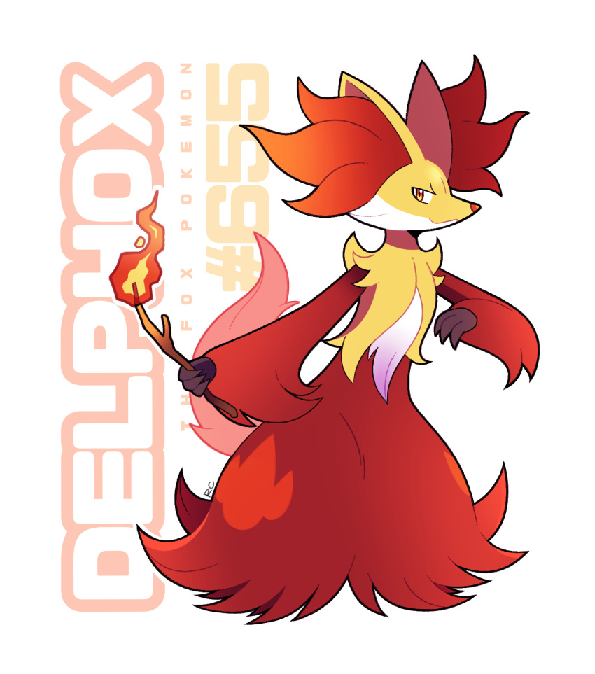 artsy-rc character_name delphox full_body highres holding holding_stick looking_at_viewer no_humans pokedex_number pokemon signature smile solo stick