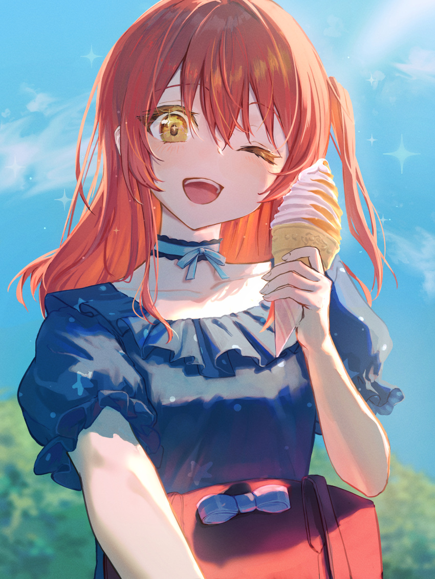 1girl ;d absurdres bangs blue_dress blue_sky blurry blurry_background bocchi_the_rock! choker clouds collarbone commentary_request day dekalco depth_of_field dress food hair_between_eyes hand_up highres holding holding_food ice_cream kita_ikuyo long_hair looking_at_viewer one_eye_closed one_side_up open_mouth outdoors puffy_short_sleeves puffy_sleeves red_bag redhead ribbon-trimmed_choker short_sleeves sky smile soft_serve solo upper_body yellow_eyes