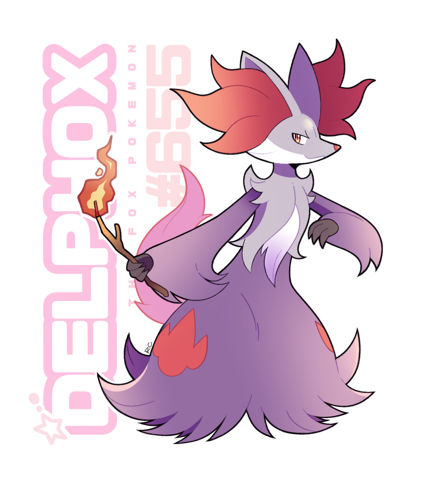 alternate_color artsy-rc character_name delphox full_body highres holding holding_stick looking_at_viewer no_humans pokedex_number pokemon shiny_pokemon signature smile solo stick