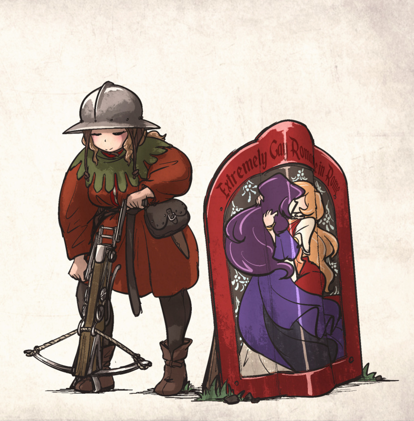 1girl armor bangs belt blonde_hair boots centurii-chan_(artist) crossbow crossbow_bolt full_body gambeson highres kettle_helm kiss legate_(centurii-chan) long_hair medieval multiple_girls original praetorian_(centurii-chan) purple_hair reloading roman_clothes shield vanishlily weapon yuri