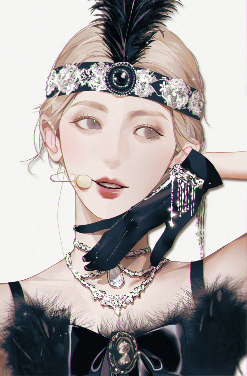 1girl black_bow black_dress black_feathers black_gloves black_headband blonde_hair bow cho_mi-yeon collarbone commentary dress feathers g-i-dle gloves grey_eyes hair_behind_ear hand_on_own_cheek hand_on_own_face head_tilt headband headset highres hoki11 jewelry k-pop necklace portrait real_life smile solo symbol-only_commentary