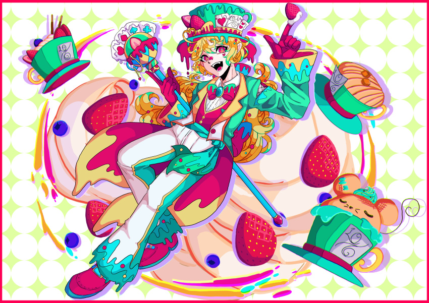 absurdres alice_in_wonderland blonde_hair blueberry bow bowtie cake card coat coattails colorful cup food fruit gloves green_coat hat highres icing mad_hatter_(alice_in_wonderland) mouse original pants playing_card pocky pointy_ears red_bow red_bowtie red_eyes red_gloves red_vest smile staff strawberry teacup top_hat user_yvvu4523 vest white_pants