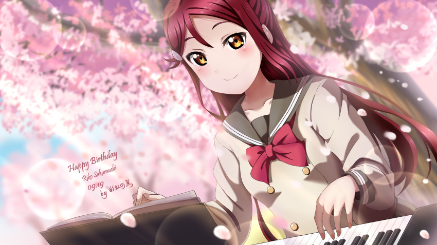 1girl absurdres bangs blush bow bowtie character_name cherry_blossoms closed_mouth day dutch_angle flower grey_sailor_collar hair_between_eyes hair_ornament hairclip happy_birthday highres lens_flare long_hair long_sleeves love_live! love_live!_sunshine!! outdoors pink_flower red_bow red_bowtie redhead sailor_collar sakurauchi_riko school_uniform shiny shiny_hair sitting smile solo spring_(season) uranohoshi_school_uniform very_long_hair xiaoxin041590 yellow_eyes