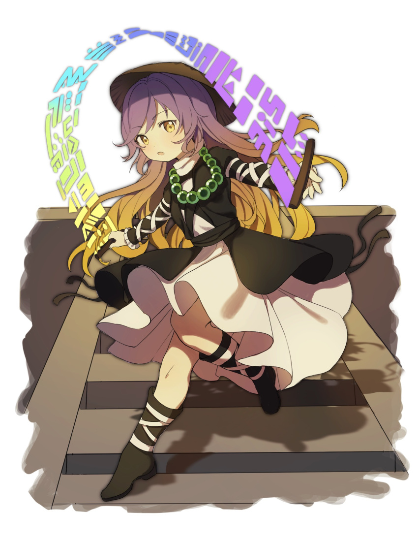 1girl ajirogasa bead_necklace beads black_footwear boots brown_eyes cross-laced_clothes dress full_body hat highres hijiri_byakuren holding holding_scroll jewelry long_hair long_sleeves necklace open_mouth purple_hair scroll solo sorcerer's_sutra_scroll sweetpotatojelly touhou white_dress
