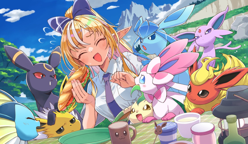 1girl :d bangs blonde_hair blue_necktie blush bow closed_eyes collared_shirt day espeon flareon food glaceon hair_bow highres holding holding_food hololive itaboon jolteon leafeon long_hair multiple_girls necktie outdoors pokemon pokemon_(creature) ponytail sandwiched shiranui_flare shirt short_sleeves smile streaked_hair sylveon umbreon vaporeon virtual_youtuber white_hair white_shirt