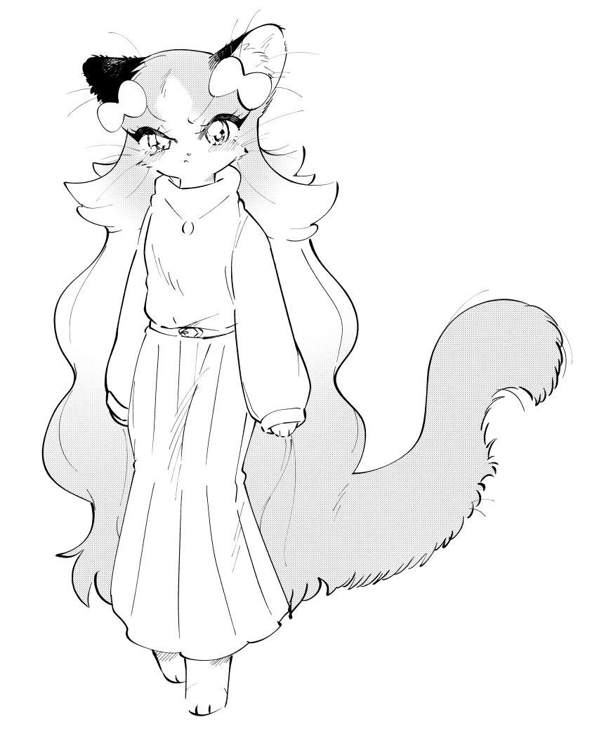 1girl :&lt; absurdres animal_ear_fluff animal_ears animal_feet animal_nose arms_at_sides barefoot belt blush body_fur bow cat_ears cat_girl cat_tail closed_mouth cocri commentary_request fang fang_out flat_chest full_body furry furry_female gradient_hair greyscale hair_bow halftone highres jewelry long_hair long_skirt long_sleeves looking_at_viewer monochrome multicolored_hair necklace original pleated_skirt simple_background skirt sleeves_past_wrists solo standing sweater tail v-shaped_eyebrows very_long_hair whiskers white_background