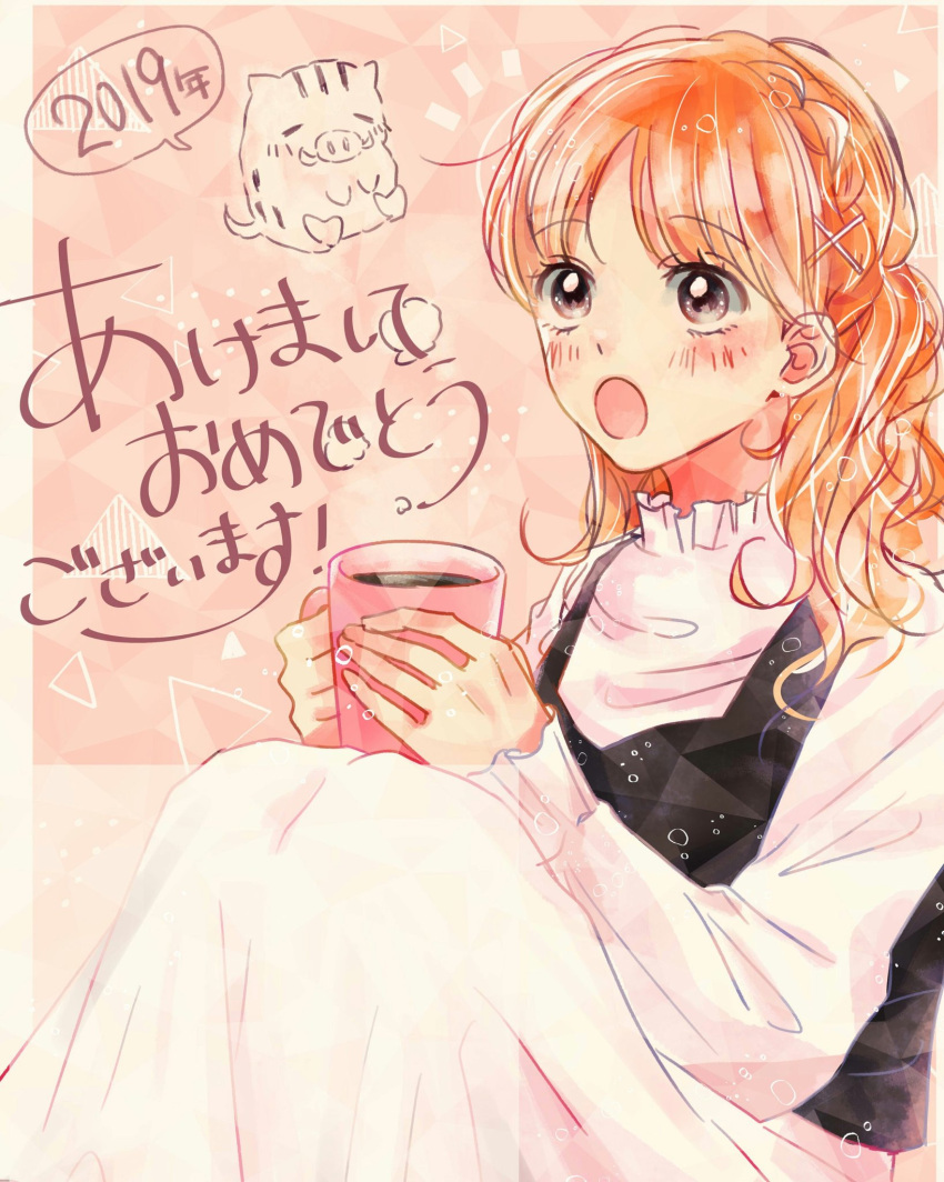 ! 1girl 2019 :o animal bangs black_eyes black_overalls blush boar border braid chibi chinese_zodiac closed_eyes collared_dress cup dress drink hair_behind_ear hair_ornament happy_new_year highres holding holding_cup long_hair long_sleeves looking_up mug new_year open_mouth orange_hair original overalls pink_background saitou_shiori_(pixiv14549321) single_braid sitting solo speech_bubble translated triangle wavy_hair white_border white_dress x_hair_ornament year_of_the_pig