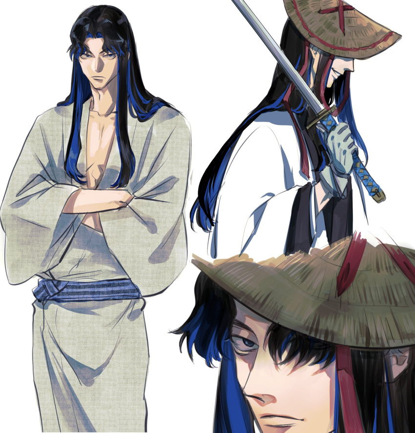 1boy ai_(ai1470) black_hair bleach blue_eyes blue_hair blue_sash cowboy_shot crossed_arms gloves grey_gloves haori hat highres holding holding_sword holding_weapon japanese_clothes kimono lips long_hair looking_at_viewer male_focus multicolored_hair obi outogawa_furuoki sash solo standing streaked_hair sword taichou_haori upper_body weapon