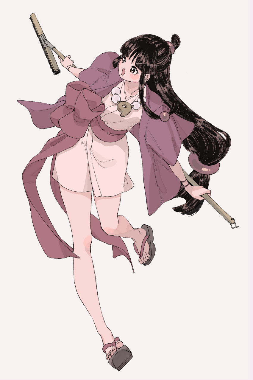 1girl absurdres ace_attorney bangs black_hair blunt_bangs broom full_body hair_ornament hanten_(clothes) highres holding holding_broom jacket japanese_clothes jewelry kimono leg_up long_hair long_sleeves looking_at_object magatama maya_fey necklace obi omen_hohoho open_mouth pink_sash purple_jacket sash short_kimono sidelocks simple_background smile solo standing