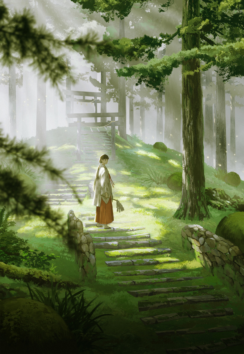 1girl amemura_(caramelo) brown_hair closed_mouth forest gohei highres japanese_clothes long_hair long_skirt long_sleeves looking_at_viewer miko nature original outdoors ponytail sandals skirt smile solo stairs standing torii tree wide_sleeves