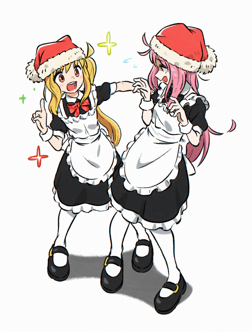 2girls absurdres ahoge alternate_costume antenna_hair appleq apron black_footwear blonde_hair bocchi_the_rock! bow bowtie brown_eyes dress enmaided fur-trimmed_headwear gotou_hitori hat highres ijichi_nijika index_finger_raised long_hair maid maid_apron multiple_girls one_side_up pantyhose pink_hair pom_pom_(clothes) red_bow red_bowtie red_headwear santa_hat shoes simple_background sweatdrop white_apron white_background white_dress white_pantyhose white_wrist_cuffs