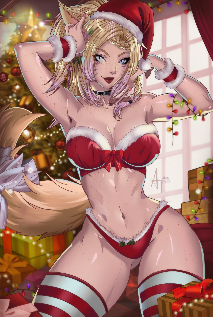 absurdres bad_source bikini blonde_hair box cat_tail christmas christmas_tree final_fantasy final_fantasy_xiv freckles gift gift_box highres lights looking_at_viewer merry_christmas miqo'te red_bikini red_headwear ribbon santa_costume smile swimsuit tail thigh-highs