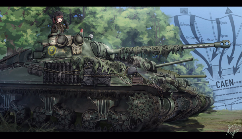 1girl arrow_(symbol) beret black_border blue_eyes border brown_hair brown_jacket camouflage dated english_text foliage forest french_text ground_vehicle hat helmet highres jacket m4_sherman makiyo_shine map military military_hat military_helmet military_uniform military_vehicle motor_vehicle nature original signature solo stahlhelm tank tree uniform vehicle_focus world_war_ii