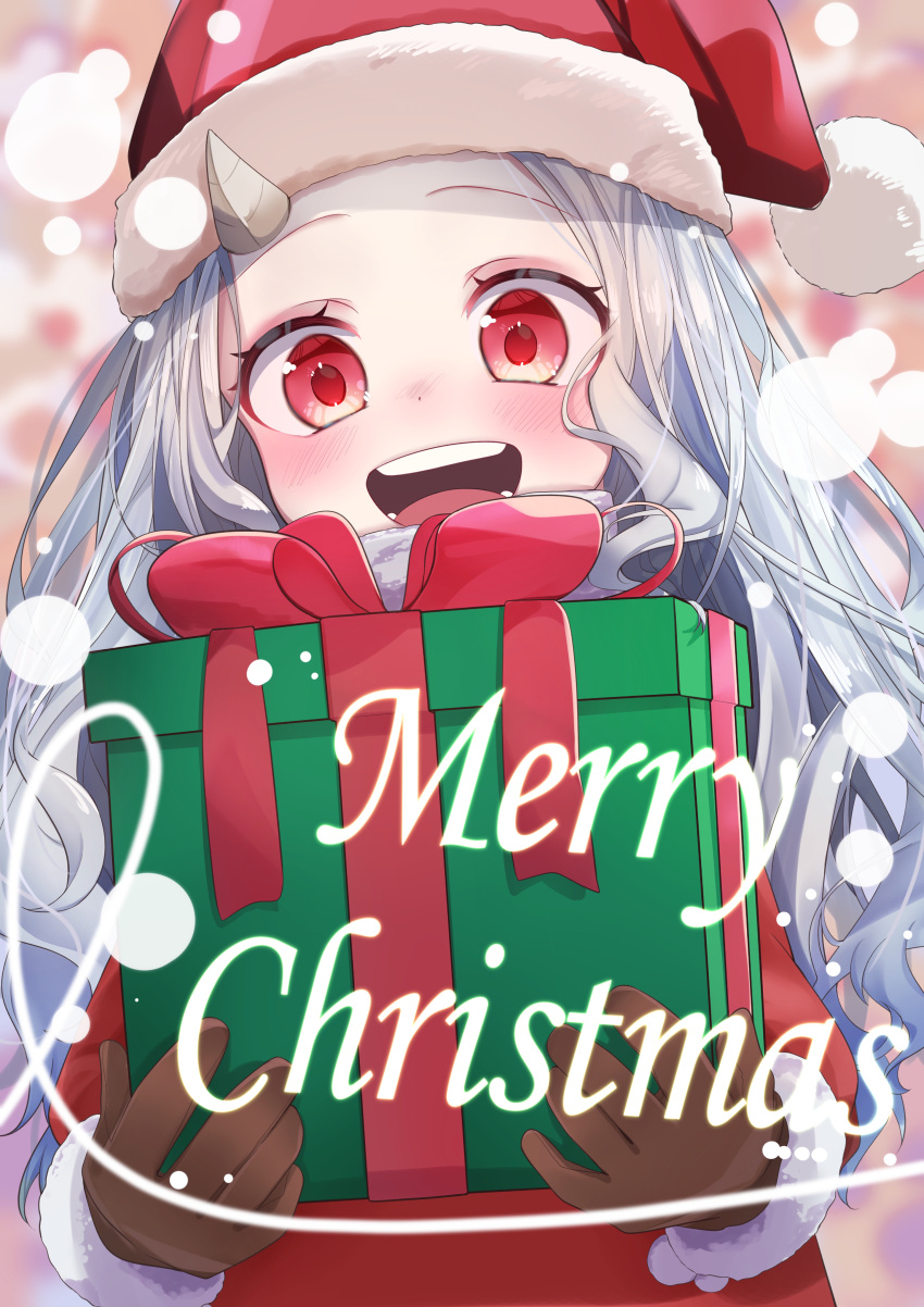 1girl :d absurdres boku_no_hero_academia box brown_gloves christmas dress english_text eri_(boku_no_hero_academia) female_child fur-trimmed_dress fur-trimmed_headwear fur_trim gift gift_box gloves grey_hair hat highres holding holding_gift horns long_hair looking_at_viewer merry_christmas open_mouth red_dress red_eyes red_headwear santa_dress santa_hat single_horn smile solo suzukaze_inori