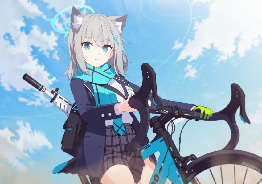 1girl animal_ear_fluff animal_ears artist_request assault_rifle bag bangs bicycle blue_archive blue_eyes blue_jacket blue_scarf breast_pocket cross_hair_ornament extra_ears game_cg gloves green_gloves grey_hair ground_vehicle gun hair_ornament halo high-waist_skirt highres jacket looking_at_viewer medium_hair mismatched_pupils necktie non-web_source official_art open_clothes open_jacket plaid plaid_skirt pleated_skirt pocket riding riding_bicycle rifle scarf school_bag school_uniform shiroko_(blue_archive) shirt shirt_tucked_in shoulder_bag sig_sauer_556 single_glove skirt sky solo striped striped_scarf sweatdrop tag weapon white_shirt wolf_ears