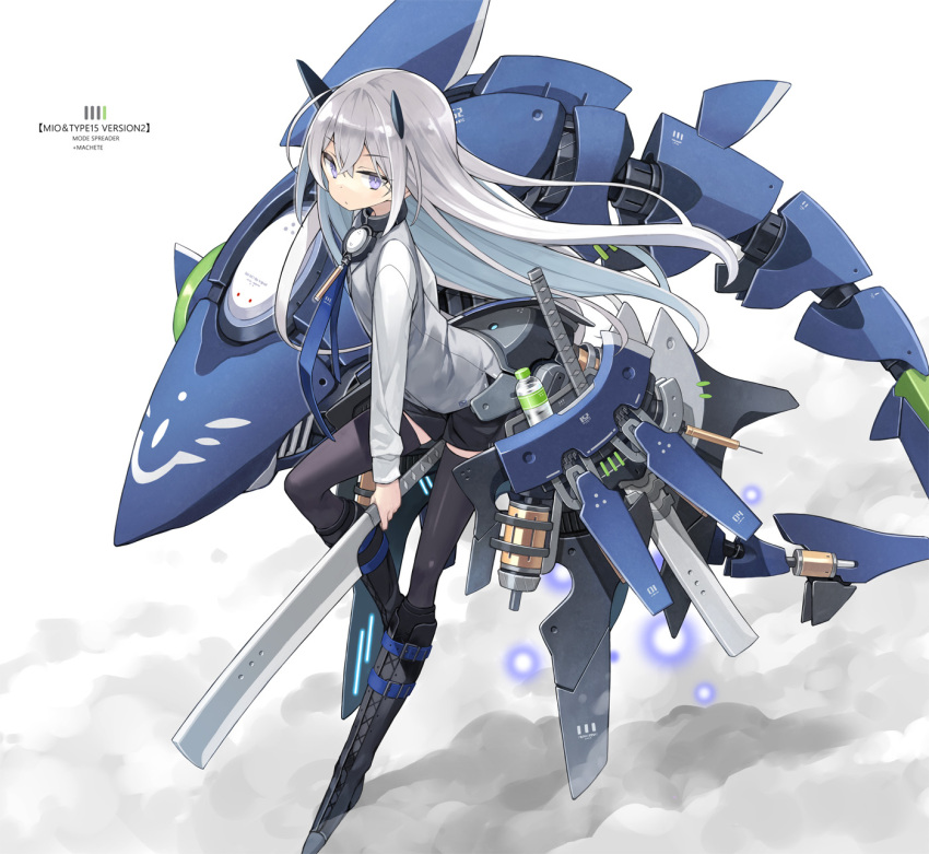 1girl arched_back bangs black_footwear black_shorts boots bottle character_name crossed_bangs from_side full_body grey_hair highres holding holding_sword holding_weapon long_hair long_sleeves looking_at_viewer mecha_musume original poco_(asahi_age) robot short_shorts shorts solo sword thigh-highs water_bottle weapon white_background