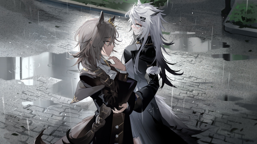 2girls absurdres animal_ears arknights bangs black_nails chinese_commentary commentary_request expressionless grey_eyes grey_hair hair_ornament hair_over_shoulder hairclip hand_on_own_elbow highres lappland_(arknights) lappland_(refined_horrormare)_(arknights) light_smile long_hair meng_ziya multiple_girls outdoors parted_lips penance_(arknights) profile puddle rain road short_hair side-by-side street white_hair wolf_ears yellow_eyes