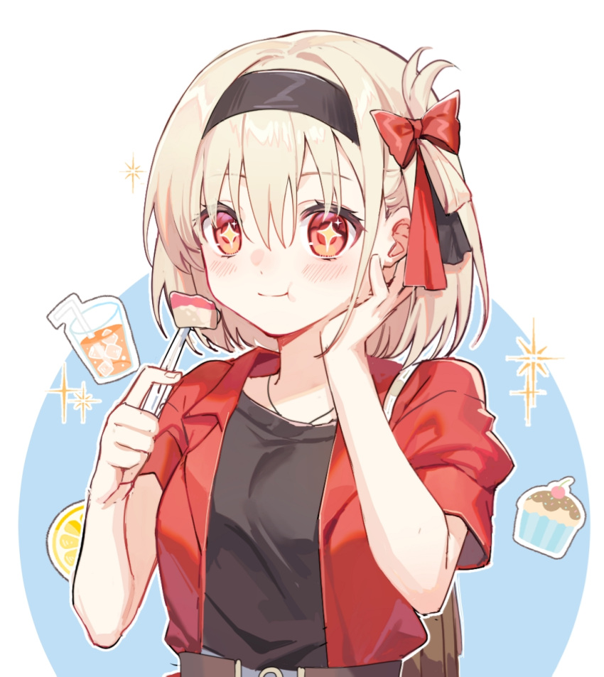+_+ 1girl bangs black_shirt blonde_hair blue_background blush cake drink drinking_straw eating eyelashes food hair_between_eyes hair_ribbon hand_on_own_cheek hand_on_own_face highres holding holding_spoon jacket jewelry looking_at_food lycoris_recoil medium_hair necklace nishikigi_chisato one_side_up red_eyes red_jacket red_ribbon ribbon shirt sidelocks simple_background smile solo sparkle spoon white_background yunweishukuang