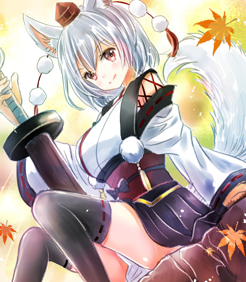 1girl animal_ear_fluff animal_ears bangs bare_shoulders black_thighhighs closed_mouth hajike_akira highres holding holding_sword holding_weapon inubashiri_momiji japanese_clothes kimono kourindou_tengu_costume leaf looking_at_viewer maple_leaf obi one-hour_drawing_challenge pom_pom_(clothes) red_eyes sash short_hair sitting smile solo sword tail thigh-highs touhou weapon white_kimono wolf_ears wolf_girl wolf_tail