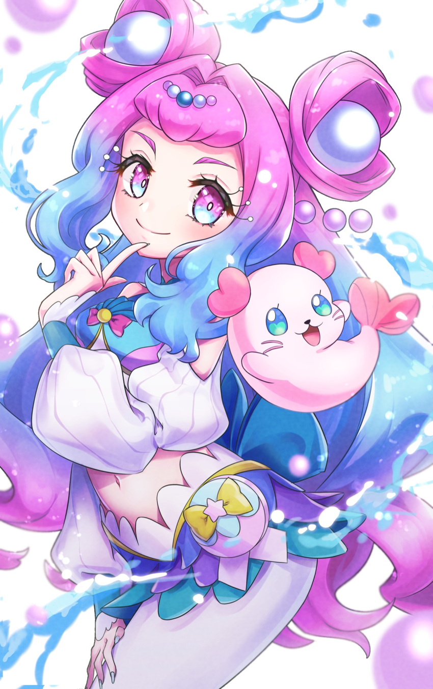 1girl arm_warmers blue_eyes blue_nails colored_eyelashes crop_top cure_la_mer eyelash_ornament heart heart_in_eye highres kururun_(precure) laura_la_mer layered_skirt leggings magical_girl midriff mismatched_eyelashes moukinui multicolored_eyes nail_polish navel pearl_hair_ornament pouch precure seal_(animal) skirt smile solo symbol_in_eye thick_eyelashes tropical-rouge!_precure water white_background white_leggings