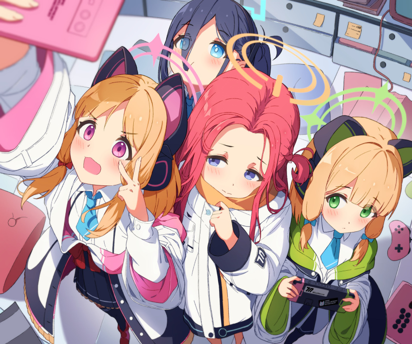 4girls :d animal_ear_headphones animal_ears aris_(blue_archive) arm_up bangs black_hair black_shorts black_skirt black_thighhighs blonde_hair blue_archive blue_bow blue_eyes blue_necktie blush bow cellphone closed_mouth collared_shirt commentary controller english_commentary eyes_visible_through_hair fake_animal_ears game_controller green_eyes hair_between_eyes hair_bow halo headphones highres holding holding_phone indoors jacket midori_(blue_archive) momoi_(blue_archive) multiple_girls necktie nintendo_switch open_clothes open_jacket phone pink_footwear pleated_skirt power_symbol red_bow redhead seero selfie shirt shoes short_shorts shorts siblings sidelocks sisters skirt smile thigh-highs twins v violet_eyes white_jacket white_shirt yuzu_(blue_archive)