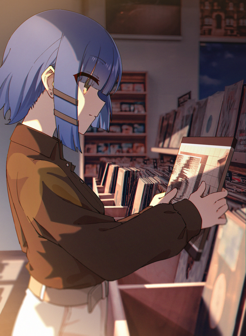 1girl absurdres belt black_shirt blonde_hair blue_hair bocchi_the_rock! collared_shirt commentary dusk ear_piercing from_side hairband highres holding_record jl_tan long_sleeves piercing profile record record_store shirt shirt_tucked_in shop short_hair solo upper_body yamada_ryou