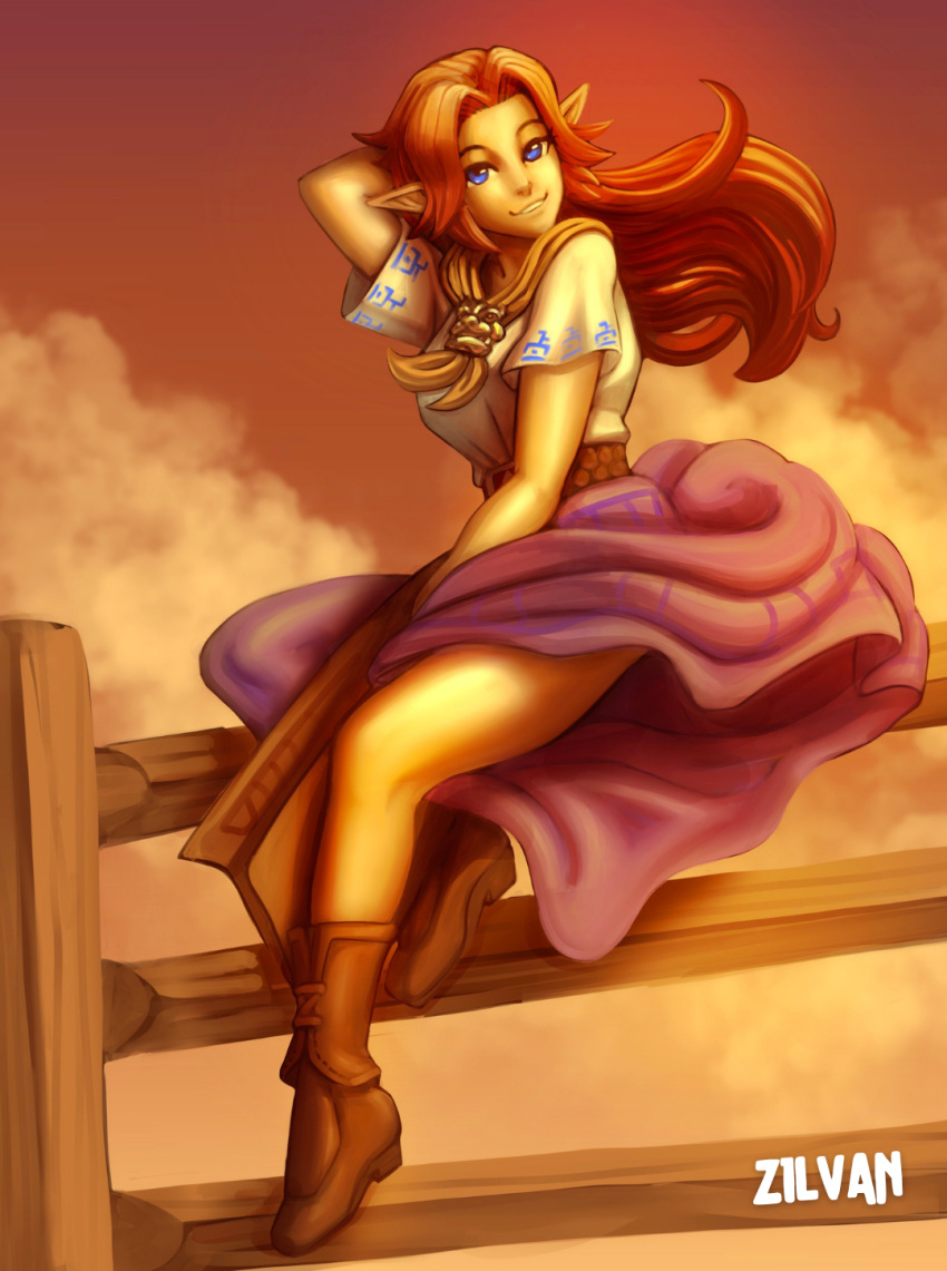 1girl blue_eyes breasts brown_sky clouds fence highres long_hair malon pinup_(style) pointy_ears redhead sitting sky smile solo solo_focus the_legend_of_zelda the_legend_of_zelda:_ocarina_of_time thighs zilvan