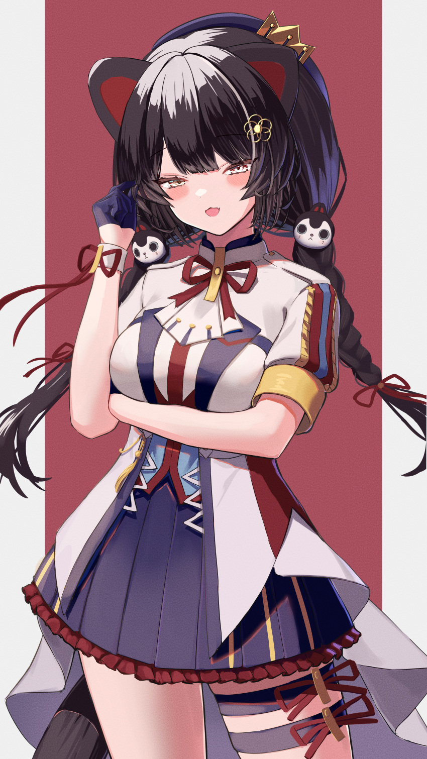 1girl :3 absurdres ami_no_fuda animal_ears arm_under_breasts beret black_hair blue_gloves blue_headwear blue_skirt braid breast_hold breasts commentary_request dog_ears dog_girl dog_tail gloves hair_ornament hair_twirling hairclip half_gloves hat highres idol inui_toko jacket long_hair looking_at_viewer low_twin_braids low_twintails miniskirt neck_ribbon nijisanji official_alternate_costume official_alternate_hairstyle open_mouth pleated_skirt puffy_short_sleeves puffy_sleeves red_ribbon ribbon short_sleeves skindentation skirt solo tail thigh_strap twin_braids twintails virtual_youtuber white_jacket