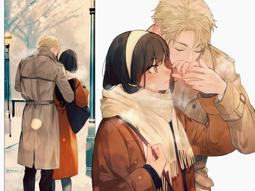 1boy 1girl artist_name bangs black_bag black_hair black_pants blonde_hair blush brown_jacket brown_scarf closed_eyes commentary couple feet_out_of_frame from_behind hand_up highres jacket kiss kissing_hand lamppost long_hair maiii_(smaii_i) multiple_views outdoors pants red_eyes scarf short_hair snow spy_x_family symbol-only_commentary twilight_(spy_x_family) upper_body white_background winter yor_briar