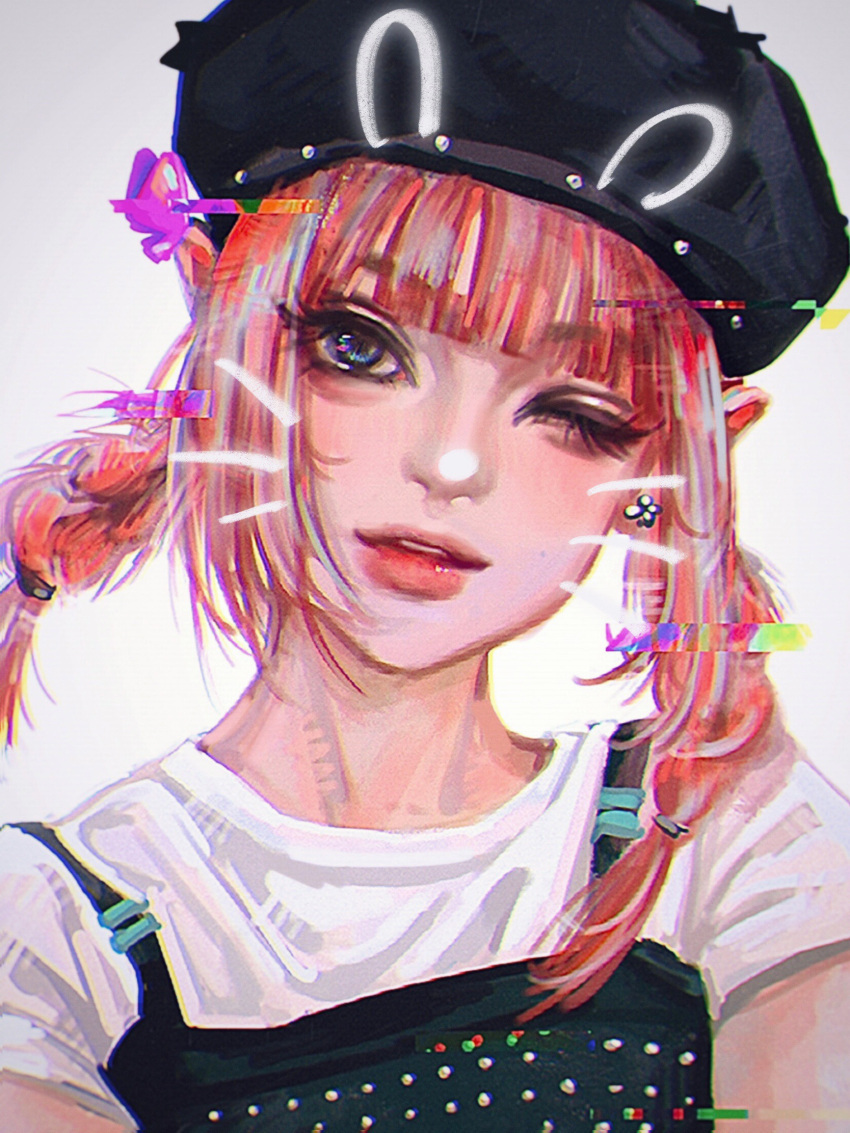 1girl beret black_camisole black_headwear blue_eyes braid camisole drawn_ears drawn_whiskers glitch hanni_(newjeans) hat head_tilt highres k-pop layered_clothes looking_at_viewer mantang_hua medium_hair newjeans one_eye_closed parted_lips pink_hair portrait procreate_(medium) real_life realistic shirt solo t-shirt twin_braids white_shirt