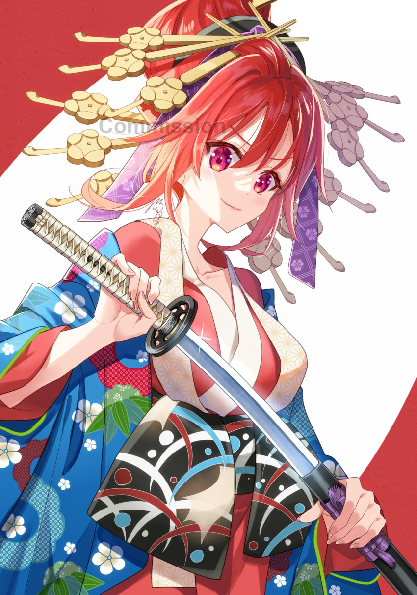 1girl bangs character_request closed_mouth commission floral_print hair_between_eyes highres holding holding_sword holding_weapon japanese_clothes katana kimono long_sleeves maou_no_hajimekata_(dmm) nekozuki_yuki open_clothes red_background red_eyes red_kimono redhead sheath skeb_commission smile solo sword two-tone_background unsheathing watermark weapon white_background wide_sleeves
