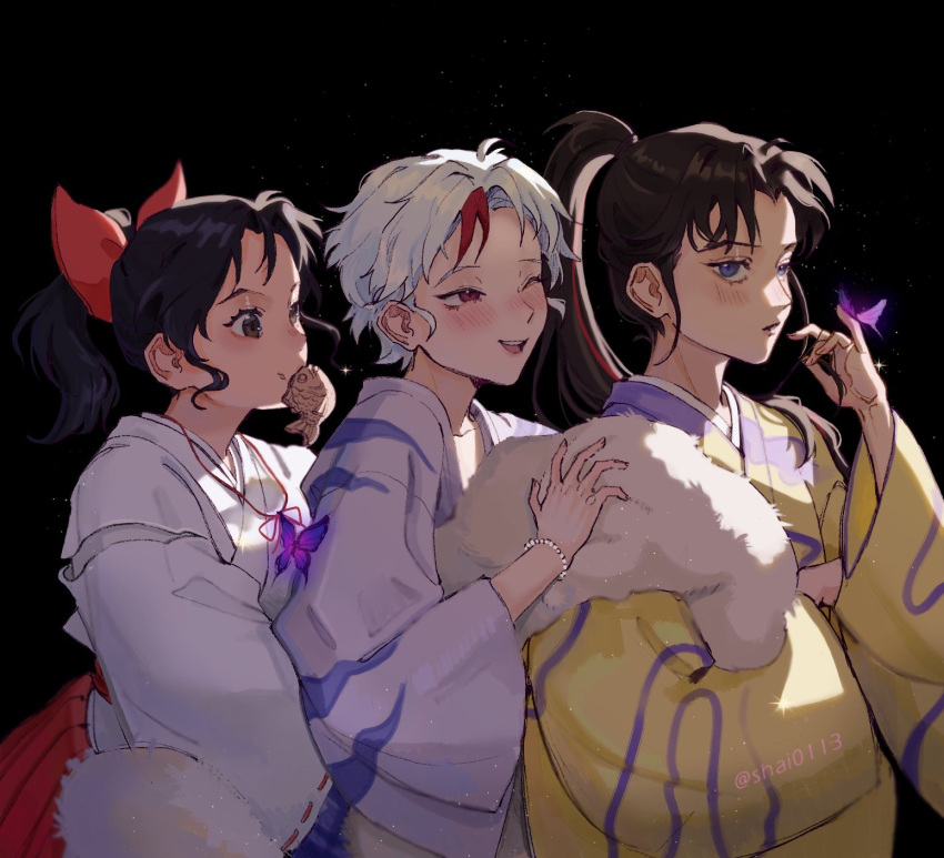 3girls ;d bangs bead_bracelet beads black_background black_hair blue_eyes blush bow bracelet brown_eyes brown_hair bug butterfly butterfly_on_hand closed_mouth commentary from_side girl_sandwich hair_bow hakama han'you_no_yashahime hand_up happy high_ponytail highres higurashi_towa inuyasha japanese_clothes jewelry kimono lineup long_sleeves looking_at_another looking_at_viewer looking_away miko moroha mouth_hold multicolored_hair multiple_girls one_eye_closed ponytail purple_butterfly red_bow red_eyes red_hakama redhead sandwiched setsuna_(inuyasha) shai0113 shawl short_hair smile streaked_hair twitter_username upper_body white_hair white_kimono wide_sleeves yellow_kimono