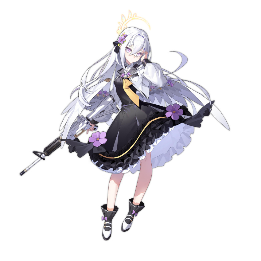 1girl absurdres angel_wings assault_rifle azusa_(blue_archive) bangs black_dress black_ribbon black_socks blue_archive bow closed_mouth contrapposto crossed_bangs dress expressionless feathered_wings flower frilled_socks frills full_body gun ha_momiji hair_between_eyes hair_flower hair_ornament hair_ribbon halo highres holding holding_gun holding_weapon jacket long_hair long_sleeves looking_at_viewer m4_carbine neckerchief petticoat purple_bow ribbon rifle sailor_collar simple_background sock_bow socks solo standing tachi-e trigger_discipline very_long_hair violet_eyes weapon white_background white_footwear white_hair white_jacket white_sailor_collar white_wings wings yellow_neckerchief