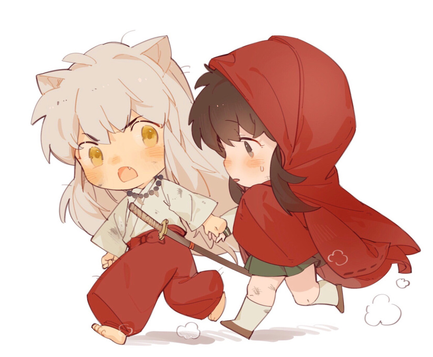 1boy 1girl animal_ears bangs barefoot bead_necklace beads blush borrowed_clothes brown_hair bruise chibi dog_ears fang full_body green_skirt grey_hair highres higurashi_kagome holding_hands hood hood_up injury inuyasha inuyasha_(character) japanese_clothes jewelry katana kneehighs lili3639 long_hair long_sleeves looking_at_another messy_hair miniskirt necklace open_mouth pants pleated_skirt profile red_pants ribbon_trim running school_uniform serafuku shoes simple_background skirt socks sword tooth_necklace weapon white_background white_socks wide_sleeves worried yellow_eyes