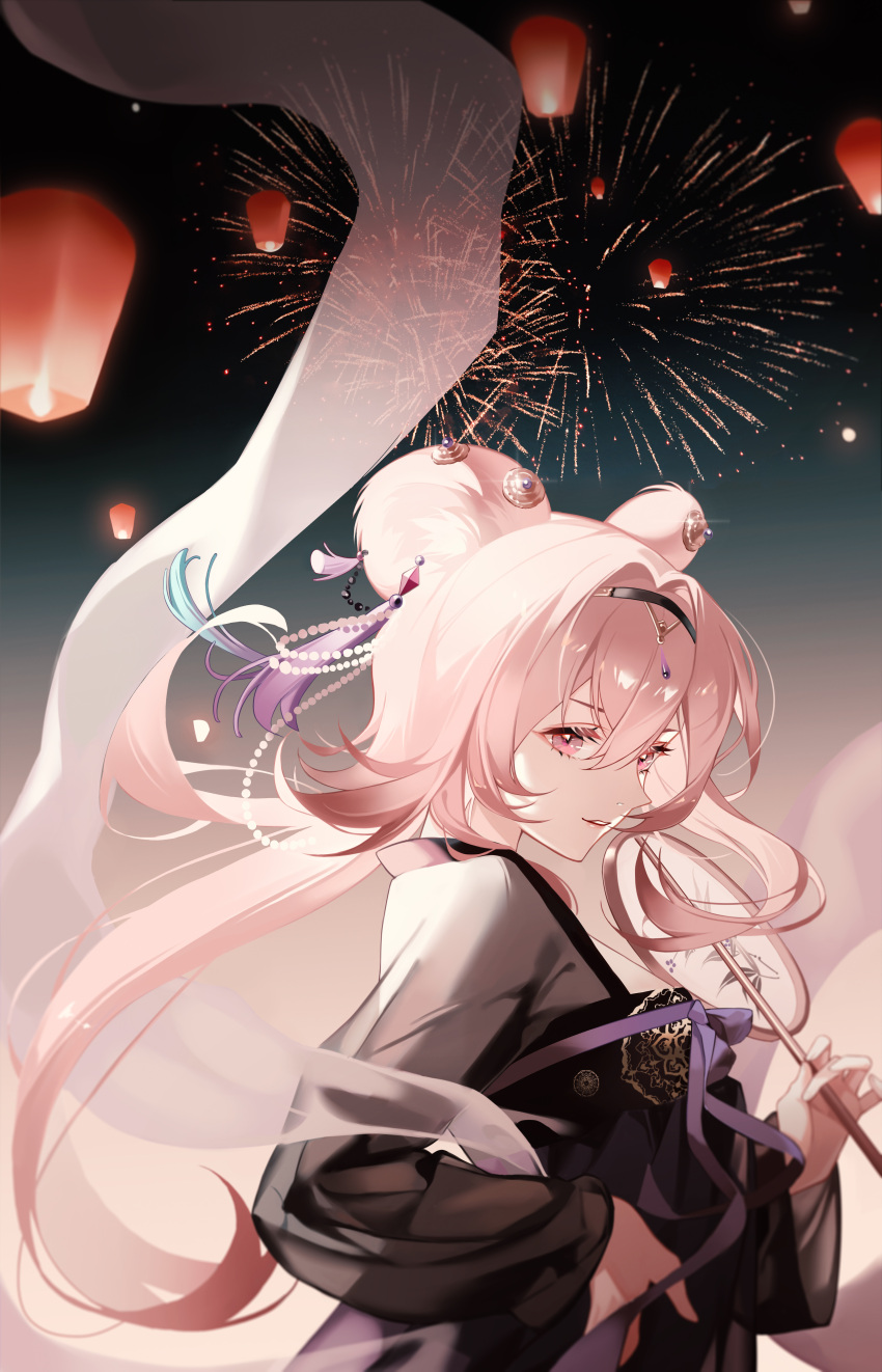 1girl absurdres animal_ears arknights bangs bird black_dress black_hairband chinese_new_year dress from_side hair_intakes hairband hand_on_hip highres holding jewelry lantern lin_(arknights) long_hair long_sleeves looking_at_viewer looking_to_the_side mouse_ears paper_lantern parrot pink_eyes pink_hair sky_lantern smile solo tassel upper_body very_long_hair zoe_(user_nfrc5473)