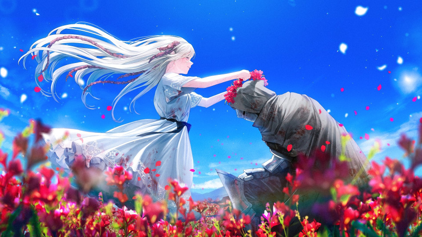 1boy 1girl armor black_ribbon blue_sky cloak closed_eyes clouds commentary_request corruption dress ender_lilies_quietus_of_the_knights facing_another field floating_hair flower flower_field full_armor garland_(decoration) helmet highres hood hooded_cloak knight lily_(ender_lilies) long_hair mountain official_art one_knee outdoors parted_lips petals pointy_ears profile ribbon sky standing tendril umbral_knight_(ender_lilies) veins white_dress white_hair wind yamada_ayumi_(ayame)