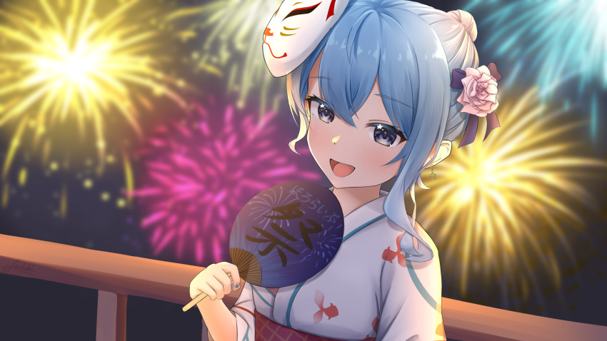 1girl absurdres asymmetrical_hair bangs blue_eyes blue_hair blue_nails blue_ribbon blurry blurry_background blush breasts commentary_request crossed_bangs depth_of_field earrings eyelashes fireworks flower fox_mask hair_bun hair_flower hair_ornament hair_ribbon hand_fan hand_up highres holding hololive hoshimachi_suisei japanese_clothes jewelry kimono mask medium_hair nail_polish night obi official_alternate_costume open_mouth outdoors panzer87631631 paper_fan ribbon sash shadow sidelocks signature solo star_(symbol) star_in_eye symbol_in_eye translation_request upper_body virtual_youtuber white_kimono yukata