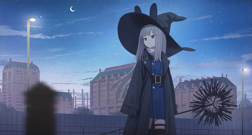 1girl animal_ear_headwear belt black_headwear black_jacket blue_eyes brown_belt building closed_mouth cowboy_shot crescent_moon expressionless grey_hair hat holding holding_staff jacket lantern long_hair moon night night_sky open_clothes original outdoors sky solo staff standing star_(sky) starry_sky wasabi60 witch_hat