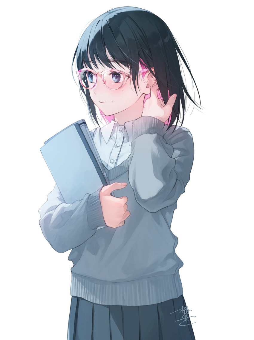 1girl backlighting black_hair blue_eyes blush book buttons collared_shirt colored_inner_hair glasses hand_in_own_hair highres holding holding_book long_sleeves multicolored_hair okeno_kamoku original pink-framed_eyewear pink_hair shirt signature skirt solo sweater two-tone_hair