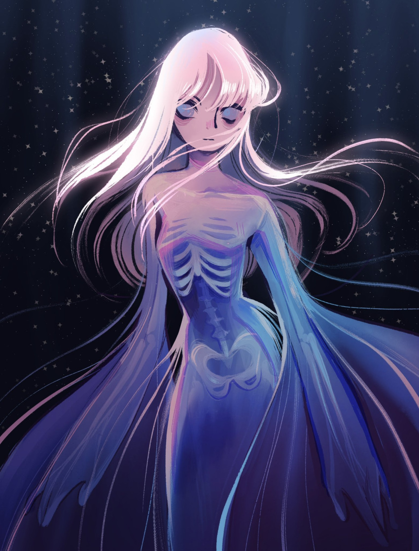 1girl :| bags_under_eyes blue_eyes closed_mouth commentary english_commentary exposed_bone feefal ghost ghost_girl glowing glowing_hair gradient_skin highres long_hair messy_hair monster_girl original see-through see-through_sleeves starry_background undead white_hair