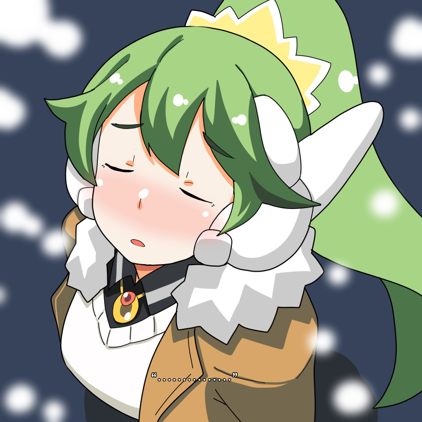 ... 1girl absurdres bangs black_shirt blurry blurry_foreground blush brown_coat closed_eyes coat collared_shirt depth_of_field facing_viewer fujishiro_nekomata fur-trimmed_coat fur_trim green_hair hair_between_eyes high_ponytail highres incoming_kiss nose_blush original parted_lips ponytail robot_ears shirt snowing solo sweater thick_eyebrows upper_body white_sweater