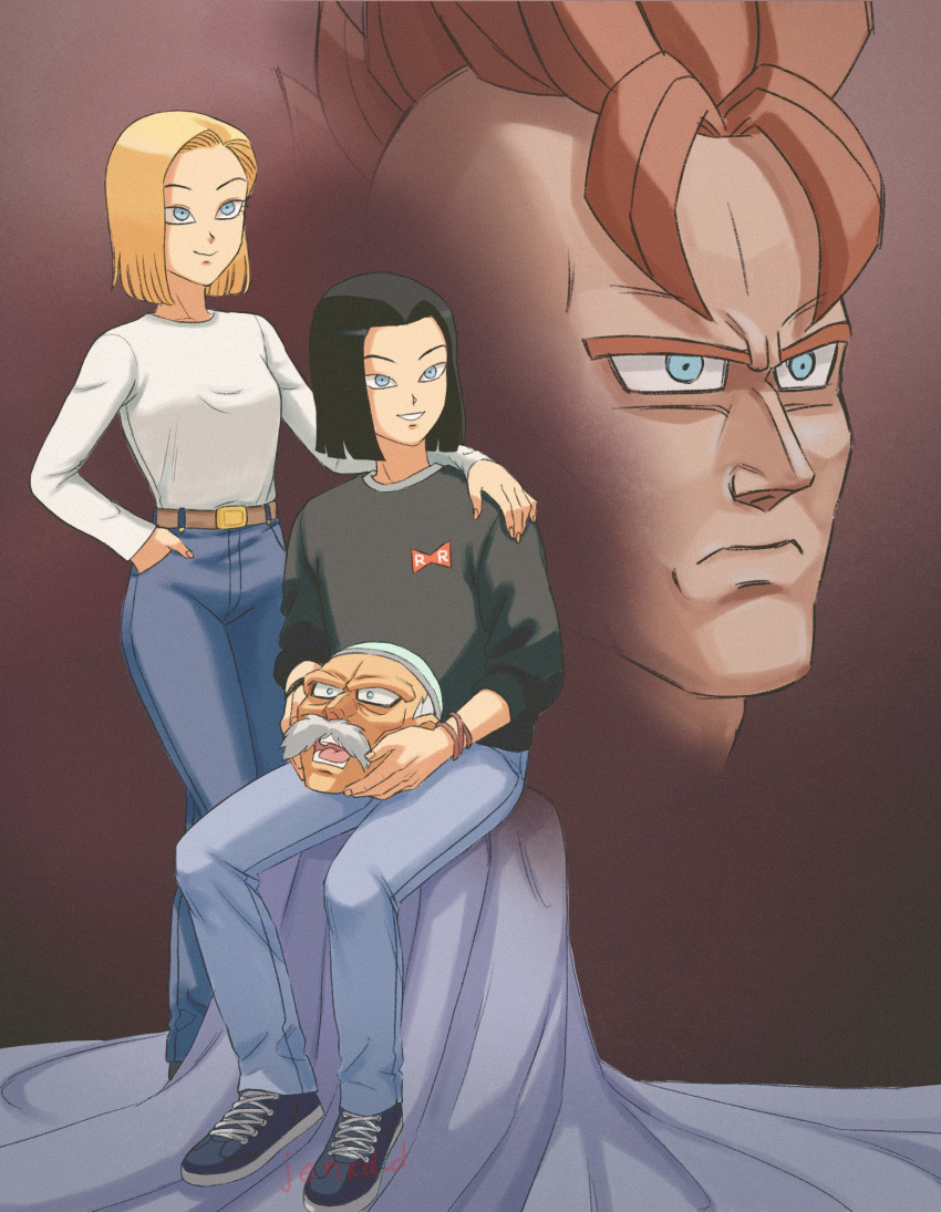 1girl 3boys android_16 android_17 android_18 black_hair blonde_hair blue_eyes brother_and_sister commentary denim disembodied_head dr._gero_(dragon_ball) dragon_ball dragon_ball_z english_commentary facial_hair frown hand_in_pocket highres jeans jenxd_d mohawk multiple_boys mustache open_mouth orange_hair pants red_ribbon_army shirt siblings signature sitting smile twins white_shirt