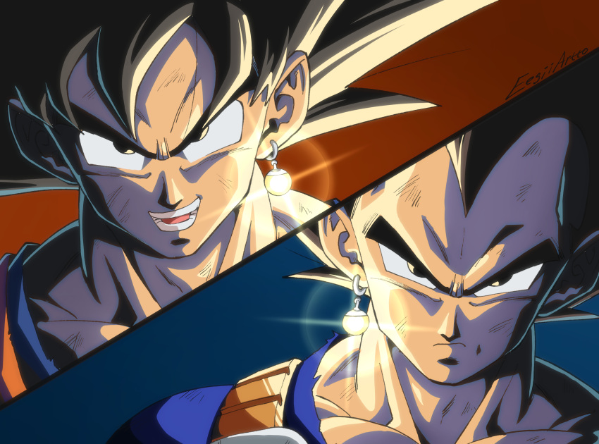 2boys :d artist_name black_eyes black_hair blue_background collarbone dragon_ball dragon_ball_z earrings eegiiartto frown glowing glowing_earrings highres jewelry looking_at_viewer male_focus multiple_boys open_mouth potara_earrings red_background scratches serious signature simple_background single_earring smile son_goku spiky_hair teeth upper_body v-shaped_eyebrows vegeta widow's_peak