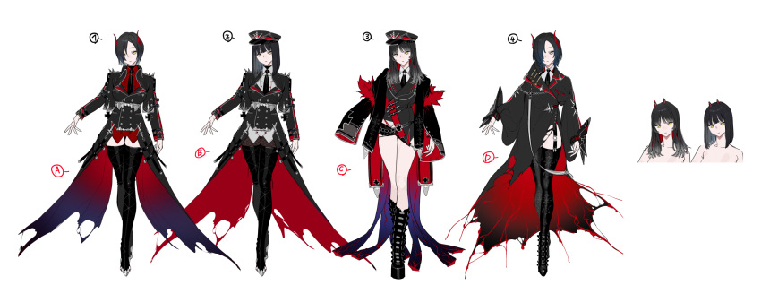 1girl absurdres azur_lane black_coat black_footwear black_hair black_headwear black_necktie boots breasts buttons coat coat_on_shoulders collared_shirt concept_art cross double-breasted fangs fishnet_pantyhose fishnets full_body hair_down hat highres hime_cut horns iron_cross long_hair long_sleeves medium_breasts multiple_views necktie official_art ohisashiburi open_clothes open_coat pantyhose peaked_cap platform_boots platform_footwear red_coat red_horns red_shirt shirt short_hair simple_background teeth thigh_boots torn_clothes torn_coat two-tone_coat ulrich_von_hutten_(azur_lane) white_background white_shirt