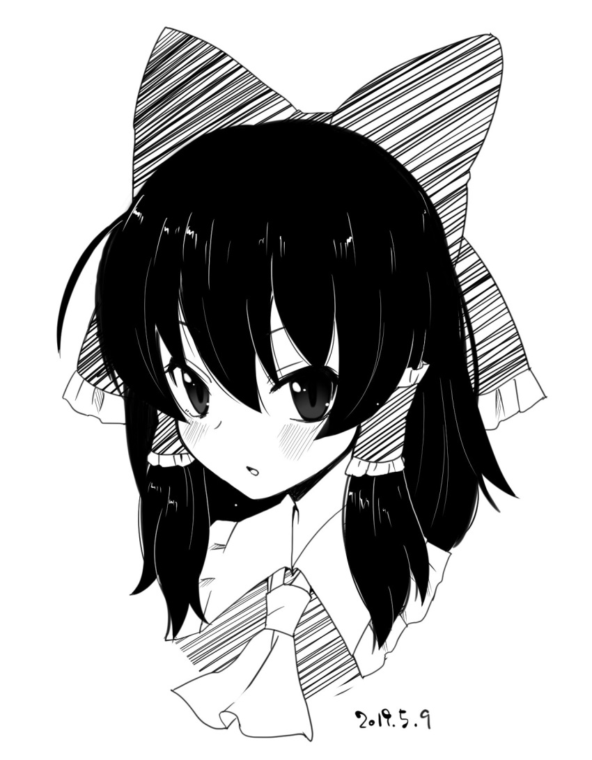 1girl ascot bangs blush bow collared_shirt commentary_request dated frilled_bow frilled_hair_tubes frilled_shirt_collar frills greyscale hair_between_eyes hair_bow hair_tubes hakurei_reimu highres kei_jiei long_hair looking_at_viewer monochrome open_mouth portrait shirt sidelocks simple_background solo touhou