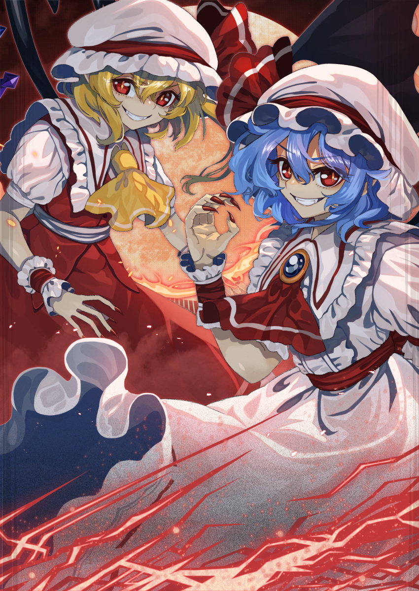 2girls absurdres ascot bat_wings black_wings blonde_hair blue_hair brooch collared_shirt creeper_(gametime) crystal fangs fingernails flandre_scarlet frilled_shirt_collar frills grin hair_between_eyes hat highres jewelry long_fingernails long_hair mob_cap multiple_girls nail_polish red_ascot red_eyes red_nails red_skirt red_vest remilia_scarlet sharp_fingernails shirt short_hair short_sleeves siblings side_ponytail sisters skirt slit_pupils smile touhou vest white_headwear white_shirt wings wrist_cuffs yellow_ascot