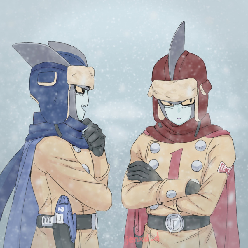 2boys belt black_gloves blue_cape blue_scarf breath cape commentary crossed_arms dragon_ball dragon_ball_super dragon_ball_super_super_hero english_commentary fur_hat gamma_1 gamma_2 gloves gun hat highres holster holstered_weapon jenxd_d male_focus multiple_boys open_mouth red_cape red_scarf scarf smile snowing ushanka weapon