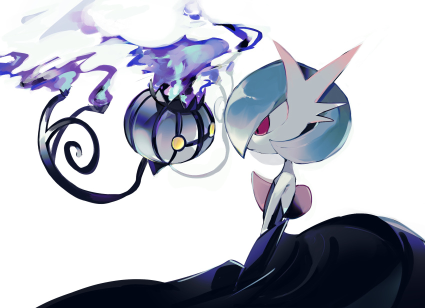 1girl alternate_color bangs bare_shoulders black_dress black_gloves blank_eyes blue_hair bob_cut chandelure closed_mouth colored_skin commentary dress elbow_gloves expressionless eye_contact fire flat_chest floating from_side full_body gardevoir gloves highres looking_at_another mega_gardevoir mega_pokemon pokemon pokemon_(creature) profile purple_fire red_eyes shiny_pokemon short_hair simple_background standing strapless strapless_dress tem_(tem_konp10) upper_body white_background white_skin yellow_eyes