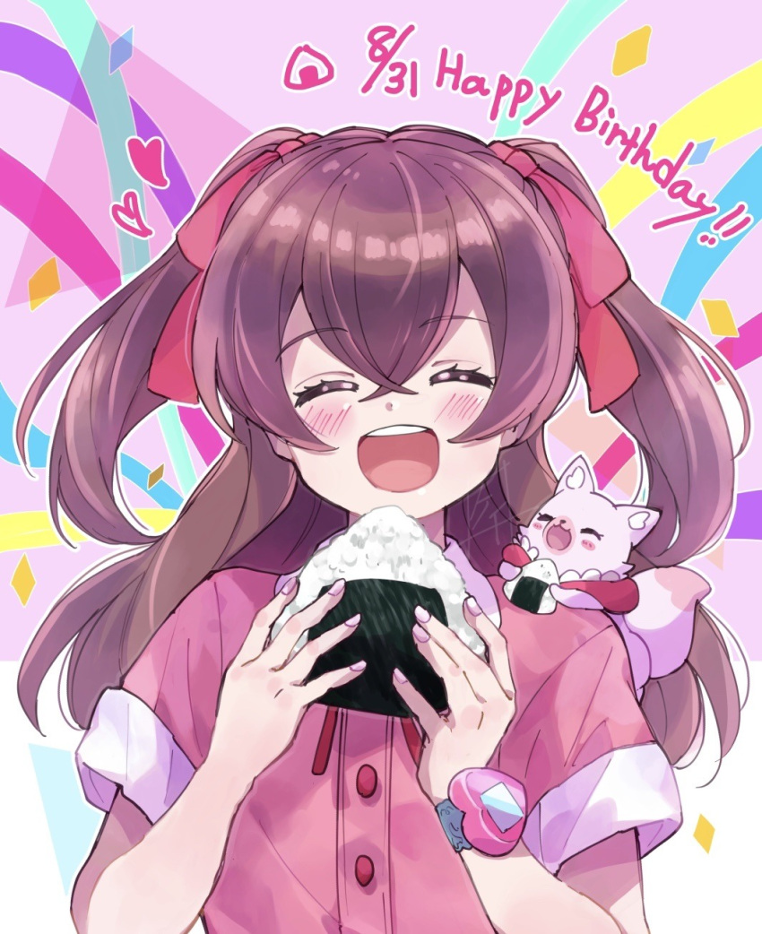 1girl :d animal_on_shoulder bangs birthday brown_hair closed_eyes collared_dress commentary confetti dated delicious_party_precure dress eating english_text facing_viewer food fox hair_ribbon happy_birthday heart highres holding holding_food kome-kome_(precure) long_hair nagomi_yui onigiri open_mouth pink_dress precure red_ribbon ribbon short_sleeves smile solo sorashinakei_k streamers two_side_up upper_body watch watch