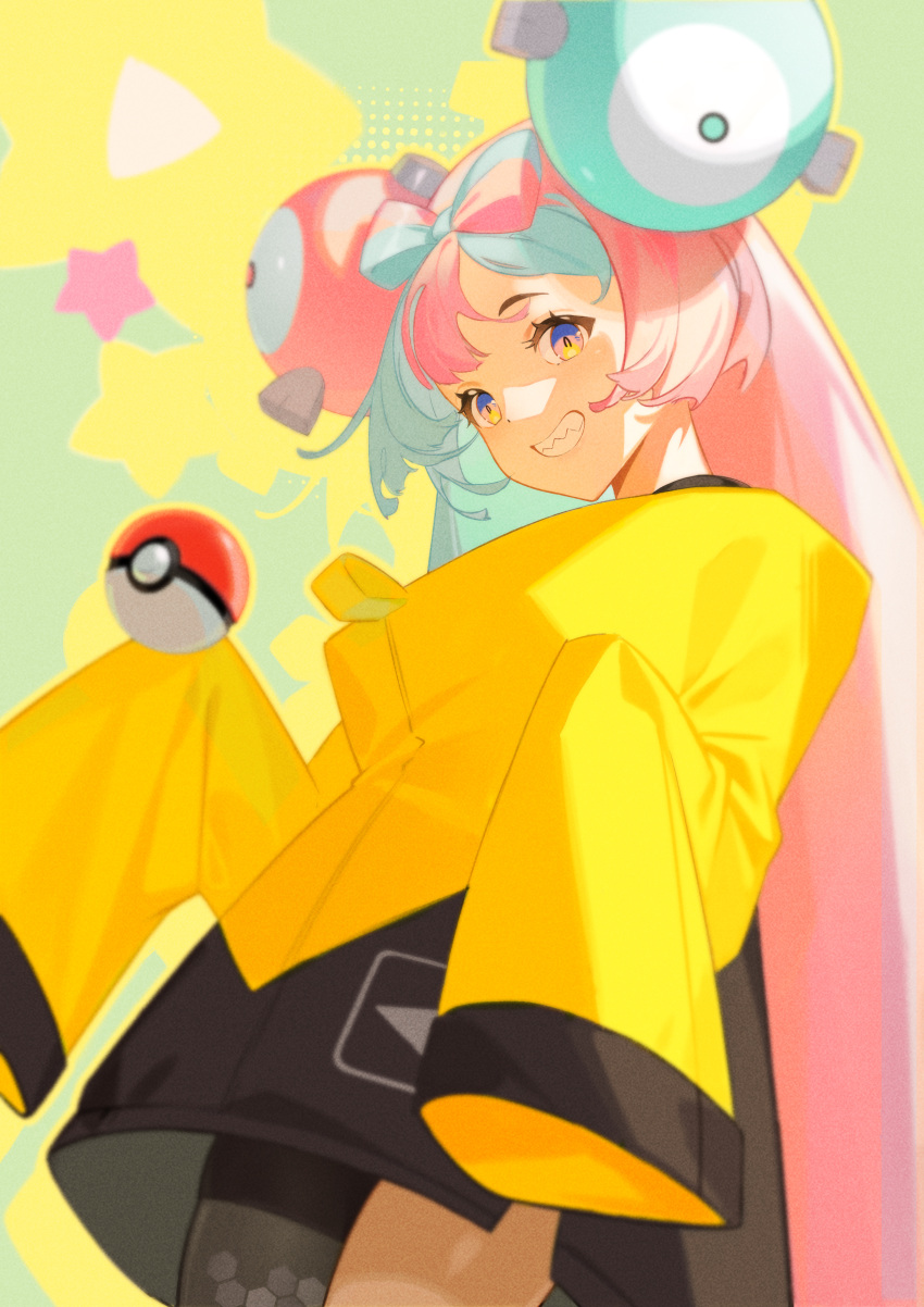 1girl absurdres aqua_hair bangs blurry character_hair_ornament commentary_request eyelashes grin hair_ornament highres iono_(pokemon) jacket long_hair looking_down multicolored_hair pink_hair poke_ball poke_ball_(basic) pokemon pokemon_(game) pokemon_sv sannye single_leg_pantyhose sleeves_past_fingers sleeves_past_wrists smile solo star_(symbol) teeth two-tone_hair yellow_jacket